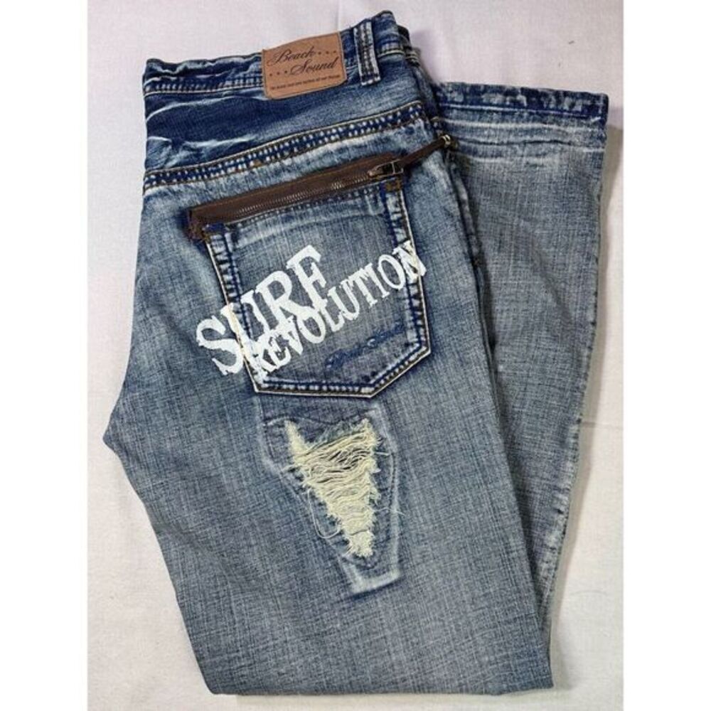 Beach Sound Surf Revolution Vintage 90s Distressed Mens 36X30 Jeans Japanese EUC